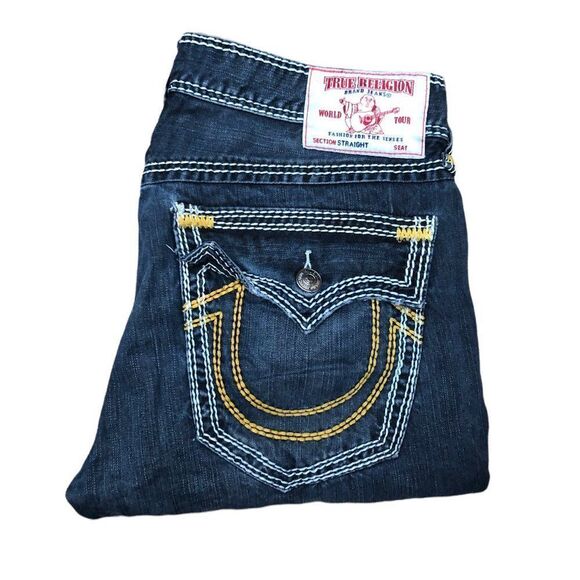 Rare True Religion Jeans Size 34 STRAIGHT YELLOW STITCH Blue - Picture 6 of 13
